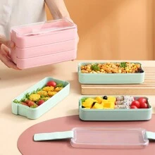 1pc日式三层卡通便当盒办公室学生可用微波炉可分隔快速午餐盒便当盒,4个随机卡通贴片,易清洗易清洁,有多种颜色可选,随机发货,可重复使用多次 - 多色 - 查看 11