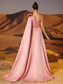 缎面单肩舞会礼服，长款蝴蝶结，女式落肩拖尾正式晚礼服，荷叶边下摆，领口系带，背部系带 A 字形返校派对礼服，适合青少年，优雅的半正式礼服，适合生日、婚礼嘉宾、毕业典礼 - 粉色 - 查看 2