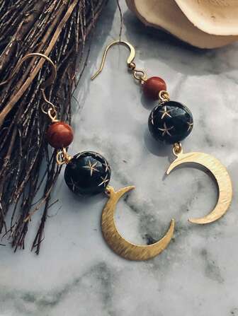 2pcs Unique Agate & Copper Beaded Crescent Moon & Star Earrings For Women, Suitable For Casual Outfit, Party Decoration