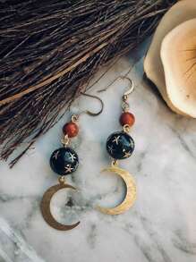 2pcs Unique Agate & Copper Beaded Crescent Moon & Star Earrings For Women, Suitable For Casual Outfit, Party Decoration - Multicolor - View 2