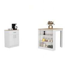 2 Piece Kitchen Set, Kitchen Island Table + Pantry Cabinet, White / Light Oak,YH-Choice