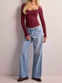 Women Long Sleeve Square Neck T Shirt Lace Trim Low-Cut Slim Fit Basic Tee Tops Streetwear - 酒紅色 - 查看 5