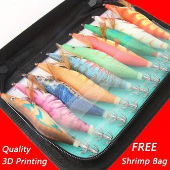 10PCS With Shrimp Bag 3D Printing 2.5 3.0 3.5 Hook Luminous Squid Jig Fishing Wood Shrimp Lure Squid Cuttlefish Jigs Lures