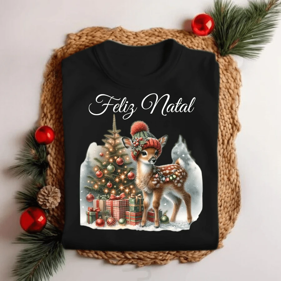 Unisex Christmas Bambi T-Shirt Personalized Elegant Premium Fabric Christmas Party - màu đen - Xem 1