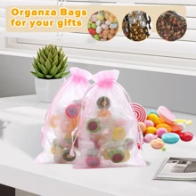 50 个抽绳欧根纱礼品袋，透明薄纱布袋，适合万圣节、生日、婚礼、派对礼品 - 粉色 - 查看 3