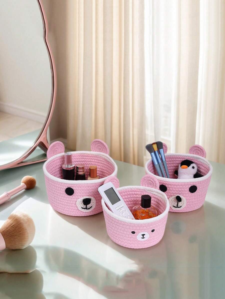 Giỏ đựng đồ trang trí hình gấu dệt thủ công, Hộp đựng cọ trang điểm, Túi đựng chìa khóa điều khiển từ xa để bàn văn phòng, Giỏ đựng đồ để bàn - Màu Khaki - Xem 1