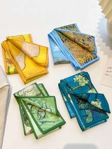 4件套女士复古油画花卉条纹印花真丝围巾头巾，休闲优雅日常及约会礼物配饰，发饰，头巾头带，秋冬季度假发带，女士柔软头巾