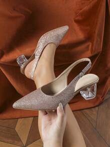 Women's Crystal Heel Pointed Toe Champagne High Heels