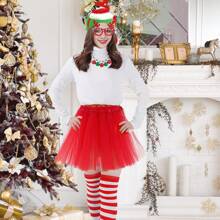 Kerstfeestaccessoiresset van 4 stuks - Kerstboomhoofdtooi, groene tutu van tule, gestreepte kousen, belketting - Feestelijke kostuumbenodigdheden voor dames