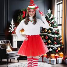 Kerstfeestaccessoiresset van 4 stuks - Kerstboomhoofdtooi, groene tutu van tule, gestreepte kousen, belketting - Feestelijke kostuumbenodigdheden voor dames