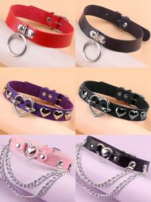 1pc Adjustable Gothic Heart Shaped Ring Leather Collar Necklace, Unisex For Daily, Festival, Party, Halloween, Christmas, Valentine's Day Celebration, Fashion Accessory - Multicolor - View 1