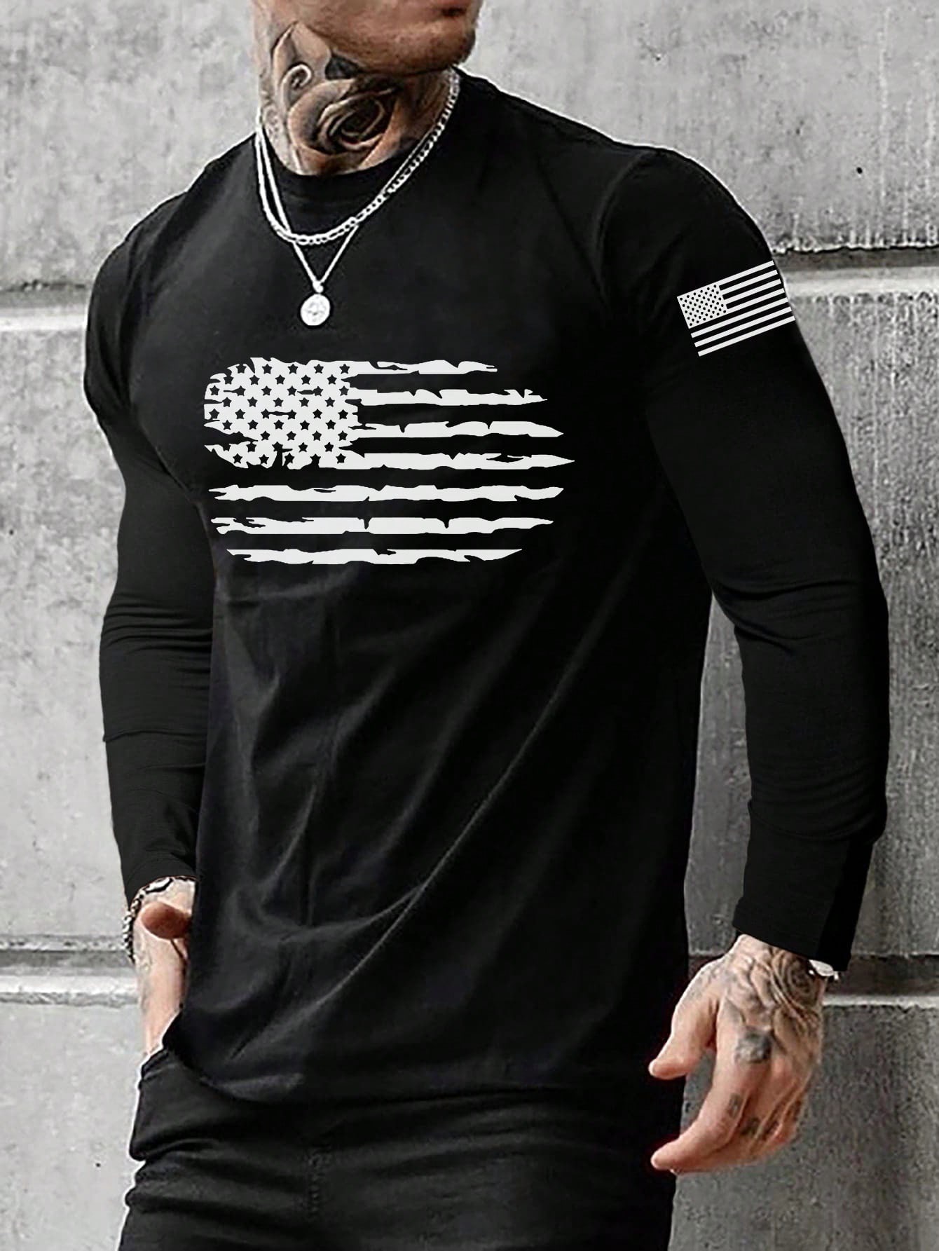 Men's Round Neck Long Sleeve Printed Simple T-Shirt, Casual For Daily Wear