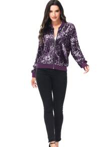 Chaqueta de manga larga con cremallera frontal y puños acanalados, con lentejuelas, para mujer, ideal para fiestas - Morado - Ver 5