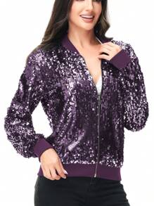 Chaqueta de manga larga con cremallera frontal y puños acanalados, con lentejuelas, para mujer, ideal para fiestas - Morado - Ver 3