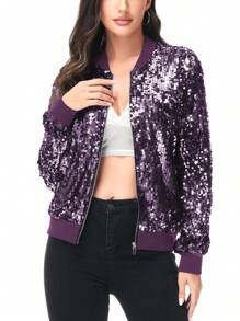 Chaqueta de manga larga con cremallera frontal y puños acanalados, con lentejuelas, para mujer, ideal para fiestas - Morado - Ver 4