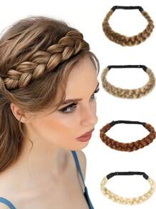 一套亚麻棕色编织合成发头带可调节手工编织头带弹性头带天然发饰女孩日常节日礼物耐热编织头带。