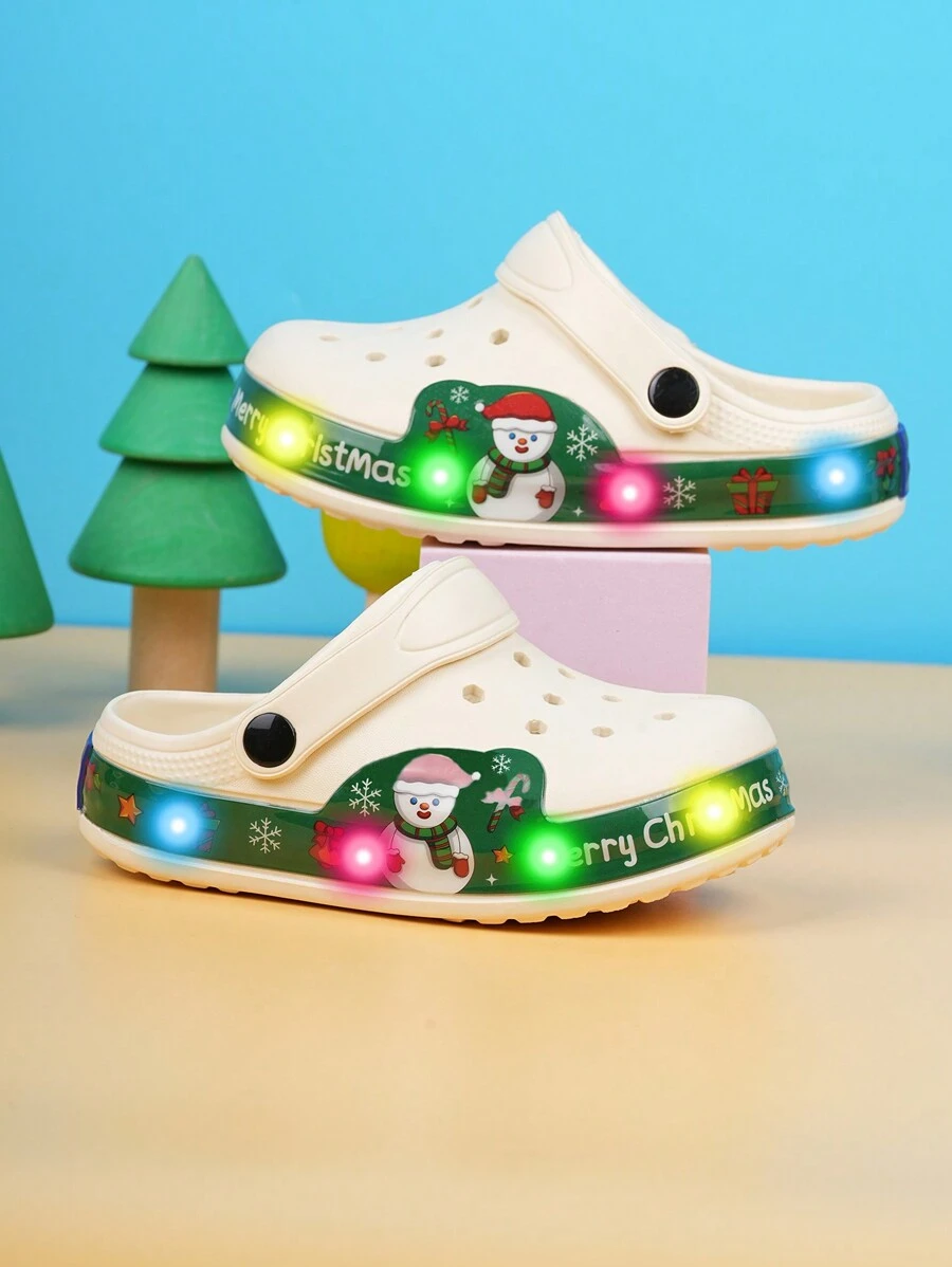 儿童圣诞雪人舒适时尚可爱透气凉鞋，男童/女童 EVA 沙滩户外装夜光拖鞋，儿童 LED 灯饰圣诞主题印花一脚蹬透气凉鞋，可爱节日风格适合圣诞派对和居家，EVA 橡胶人字拖 - 米色 - 查看 1