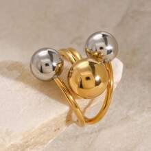 1pc Stainless Steel Ball Adjustable Ring Statement Golden Metal Finger Ring Jewelry Water Resistant Hypoallergenic