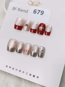 情人节美甲 10 件情人节按压式美甲爱情法式美甲花朵蝴蝶结圆点钻美甲套装假指甲，新款 2025 美甲用品美甲 - 彩色 - 查看 14