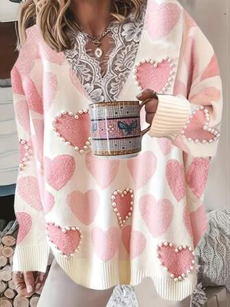 Pull orné de broderie de perles et intarsia en forme de cœur, style casual grande taille, automne/hiver