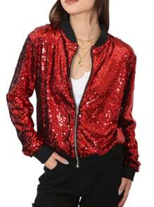 Chaqueta de manga larga con cremallera frontal y puños acanalados, con lentejuelas, para mujer, ideal para fiestas - Burdeos - Ver 1