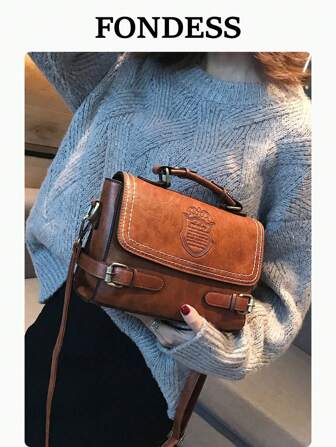 1pc Vintage Fashionable Contrast Color Handbag With Flap, Zipper Closure, Stitching, Belt Buckle, Detachable Long Shoulder Strap, Suitable For Daily Use And Commuting
