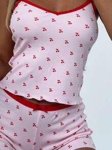 Women's 2 Piece Pajama Set Sleeveless Cherry Print Cami Tops Casual Shorts Sleepwear Sets - Pink - View 5