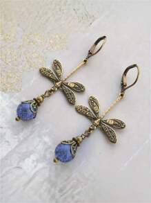 1 Paire De Boucles D'oreilles Crochets Pendentifs Style Bohémien Vintage Libellule & Perles Vertes Fausses Pour Femmes, Cadeau De Bijoux Pour Fêtes Et Voyages