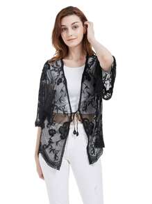 Womens Long Embroidered Lace Kimono Cardigan With Half Sleeves - Black - View 5