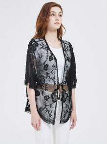 Womens Long Embroidered Lace Kimono Cardigan With Half Sleeves - Black - View 4