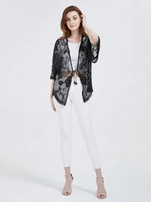 Womens Long Embroidered Lace Kimono Cardigan With Half Sleeves - Black - View 6