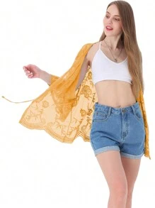 Womens Long Embroidered Lace Kimono Cardigan With Half Sleeves - Yellow - View 1
