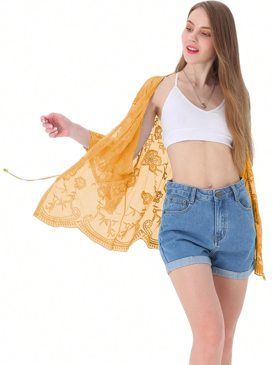 Womens Long Embroidered Lace Kimono Cardigan With Half Sleeves - Yellow - View 1