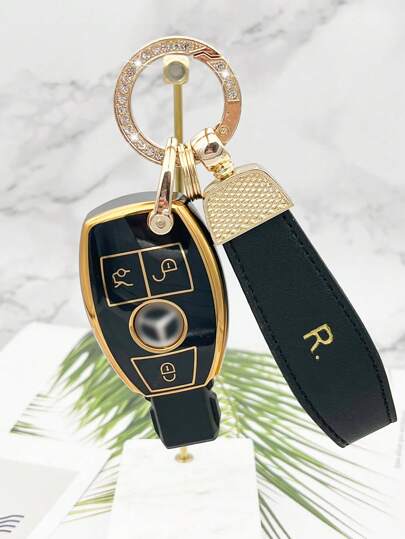 R-Logo Black Gold Fashionable Keychain + TPU Car Remote Key Cover Shell, For Mercedes-Benz A B C E R-Class, GLS, GLA, GLK, GLC, CLS, AMG, W204, W205, W212, W463, W176
