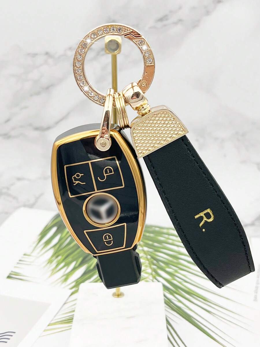 R-Logo Black Gold Fashionable Keychain + TPU Car Remote Key Cover Shell, For Mercedes-Benz A B C E R-Class, GLS, GLA, GLK, GLC, CLS, AMG, W204, W205, W212, W463, W176 - one-size - View 1