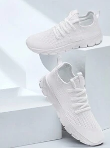 أحذية رياضية كاجوال للرجال، تصميم رباط أنيق، أحذية جري من الشبك للخارج والمشي، أحذية رياضية بنمط عصري مضادة للانزلاق باللون الأبيض