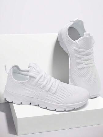 男士休闲运动鞋时尚系带设计跑步鞋网眼户外步行鞋休闲风格防滑运动鞋白色