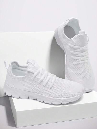 Men's Casual Sports Shoes Fashionable Lace Up Design Running Shoes Mesh Outdoor Walking Shoes Leisure Style Anti Slip Sneaker White