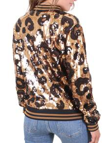 Womens Sequin Long Sleeve Front Zip Jacket With Ribbed Cuffs Bomber For Party - 豹 - 查看 2