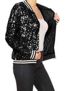 Chaqueta de manga larga con cremallera frontal y puños acanalados, con lentejuelas, para mujer, ideal para fiestas - Negro puro - Ver 4