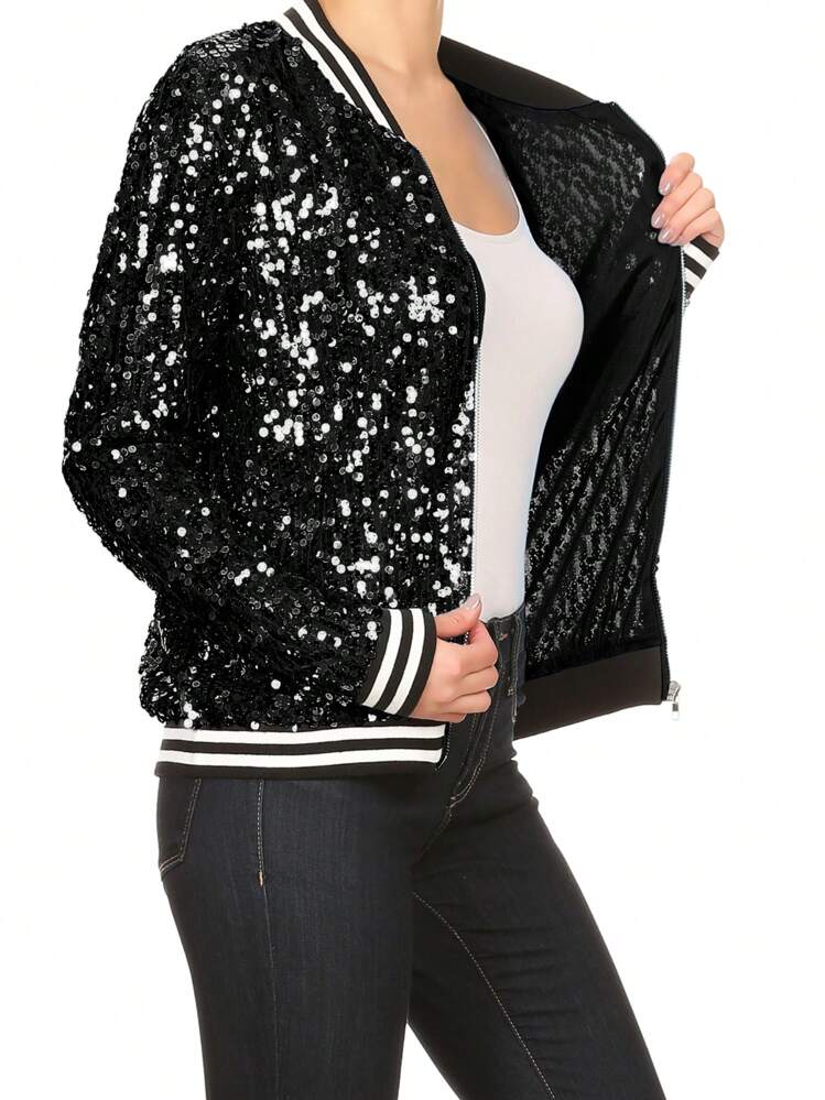 Womens Sequin Long Sleeve Front Zip Jacket With Ribbed Cuffs Bomber For Party - 純黑 - 查看 4