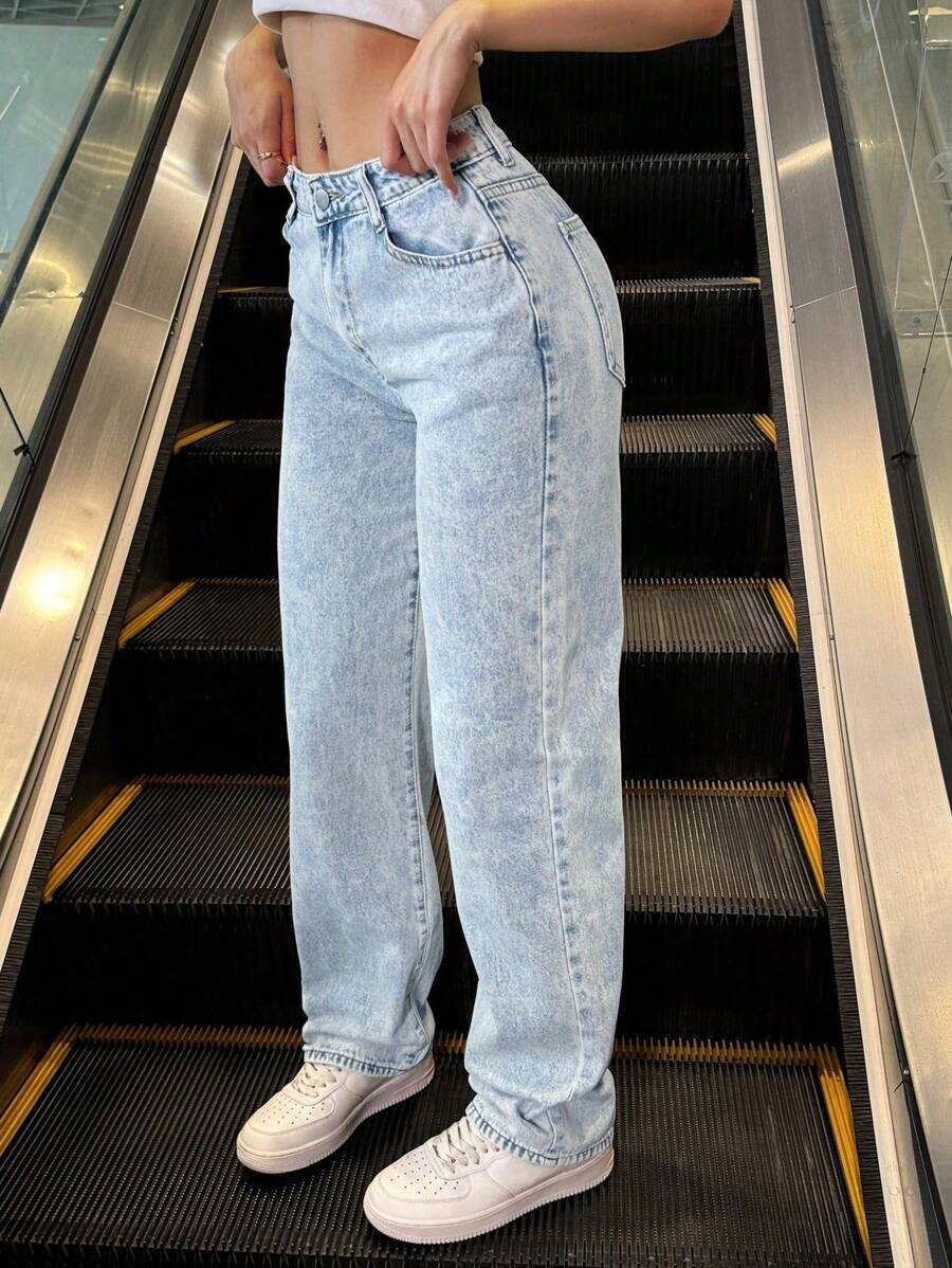 Women's Wide Leg Loose Casual Straight Leg Jeans, Diagonal Pocket Non Stretch Jeans, Women's Jeans And Clothing - 淺色水洗藍 - 查看 1