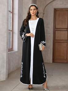 花卉刺绣阿巴雅长袍，配以优雅撞色饰边和喇叭袖宽松斗篷 - 黑色 - 查看 6