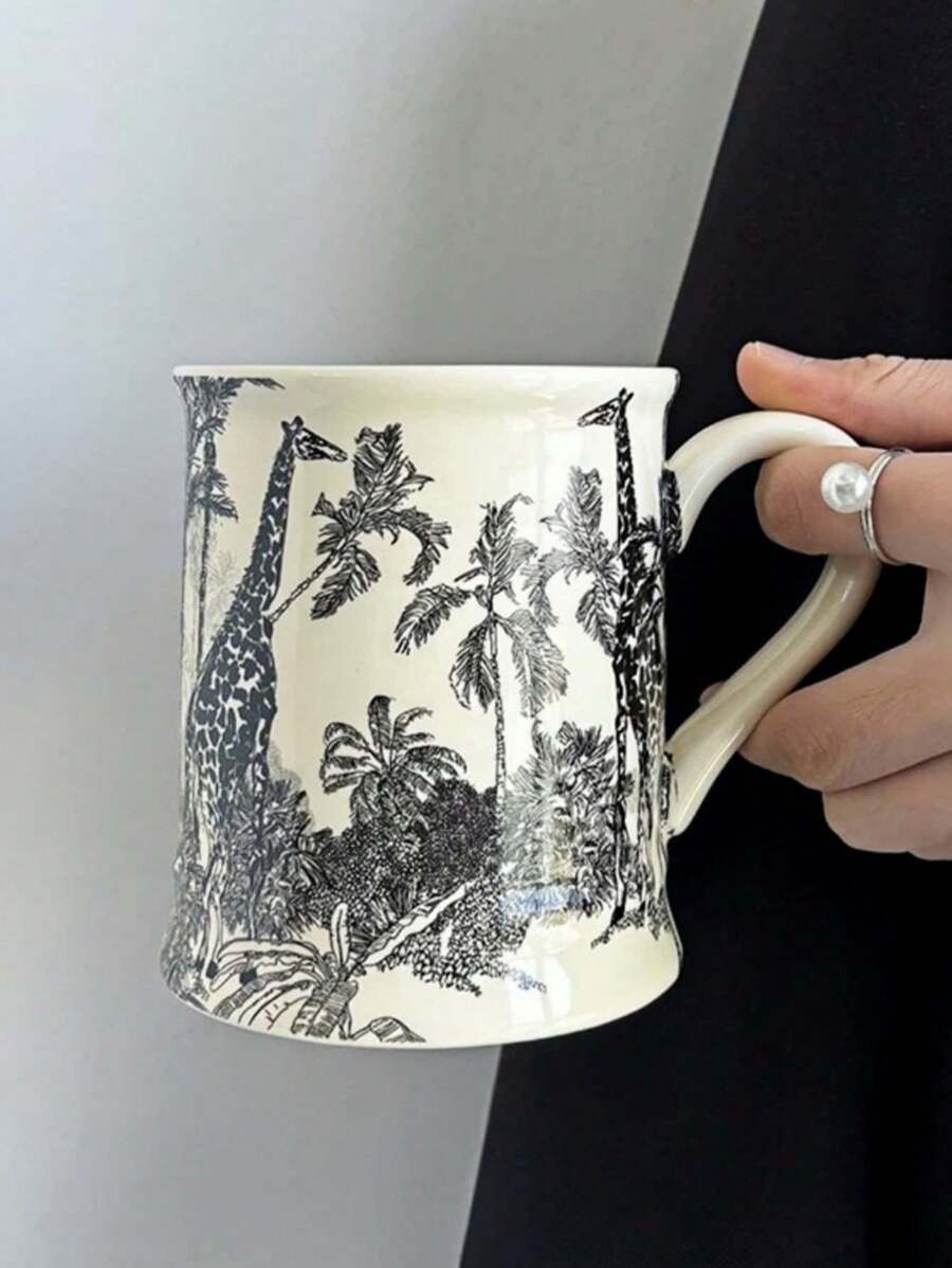 One Black Giraffe Pattern Ceramic Mug With Handle, Vintage Jungle Style, Ideal For Breakfast Tea, Coffee, Couple Gift, Home, Office And Restaurant Back To School - Giraffe Mug - View 1