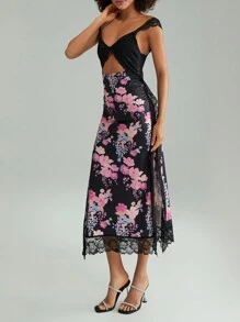 Women's Y2K Summer Bodycon Maxi Dress Floral Print Lace Patchwork Long Dress Sleeveless Backless V Neck Party Dress Beach Vacation Sundress - 黑色 - 查看 4
