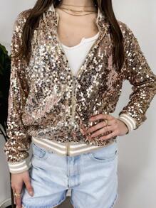 Womens Sequin Long Sleeve Front Zip Jacket With Ribbed Cuffs Bomber For Party - Champagne - View 8