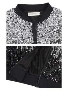 Womens Sequin Long Sleeve Front Zip Jacket With Ribbed Cuffs Bomber For Party - Black and Silver - View 6