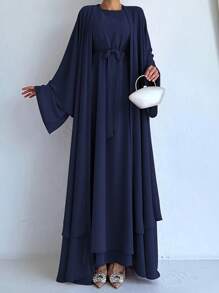 Dress & Modest Robe Abaya 2 Pieces Suit With Belt, Item A035 - Navy Blue - View 2