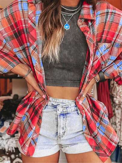 Plus Size Women Casual Plaid Long Sleeve Pocket Lapel Shirt