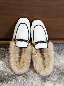 Mengshangli Women's Fluffy Slippers, Flat Outdoor Wear Warm Mule Slip-On Furry Loafers